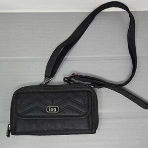 Lug Kickflip Travel Wallet Black Quilted RFID Convertible Wristlet Or Crossbody